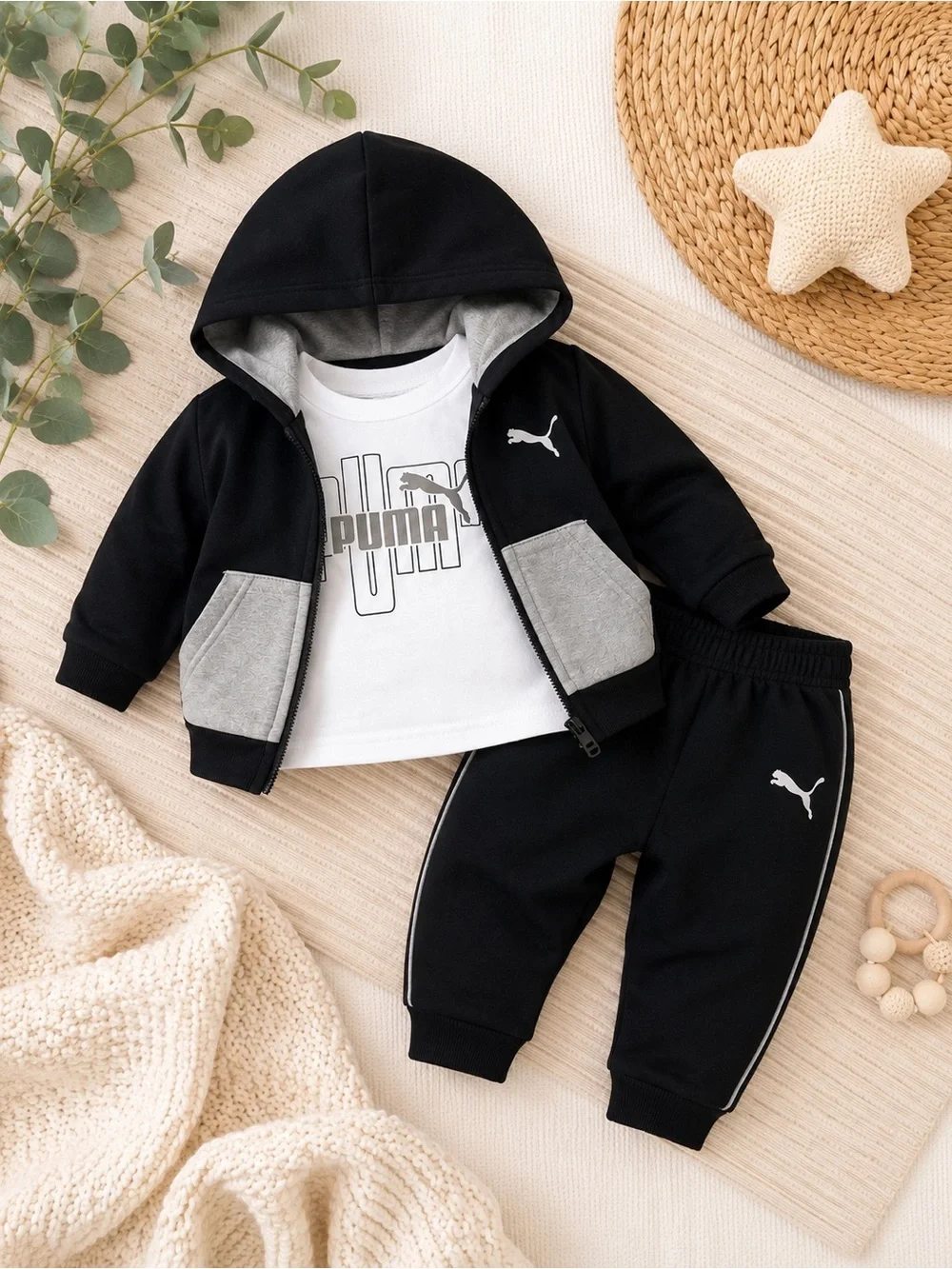 Puma Black and Gray Baby Hoodie Jogger Set with White Tee